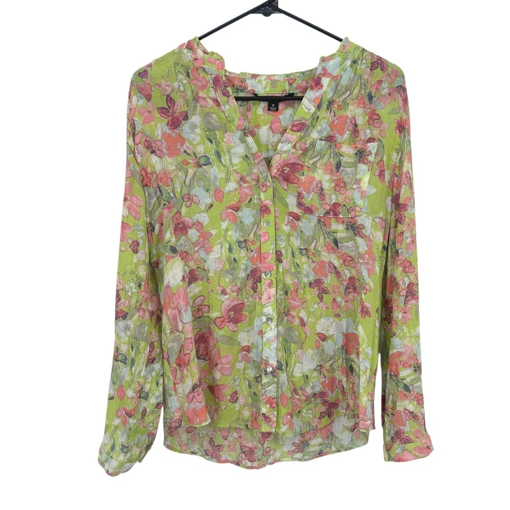 Sheer Floral Button Front Blouse M‎ Green Pink Romantic Casual Feminine Garden